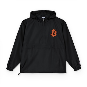 Bitcoin Champion Packable Anorak Jacket, Lightweight Rain Jacket, Bitcoin Themed Windbreaker, BTC Cryptocurrency Jacket, Bitcoin Merch