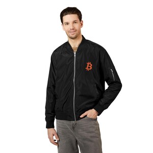 Bitcoin Bomber Jacket - Eco-Friendly Embroidered BTC Jacket, Stylish Cryptocurrency Jacket, Blockchain Apparel, Bitcoin Merch, Crypto Jacket