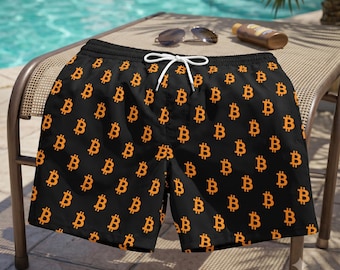 ビットコイン BTC ロゴ入りスイムショーツ - ブラック ミドル丈 暗号通貨スイムトランクス、メンズ ビットコイン ビーチウェア、彼への暗号通貨ギフト、BTC ボードショーツ