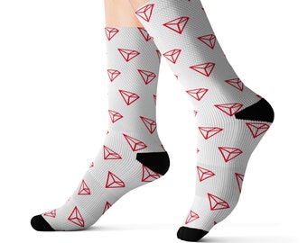 Tron TRX White Patterned Crew Socks, Sizes S/M/L, Crypto Socks, Cryptocurrency, Blockchain, DeFi, Web3, HODL, To The Moon