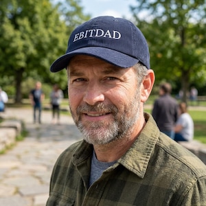 May include: A navy blue corduroy baseball cap with the white text "EBITDAD". The cap is worn by a person wearing a green and black plaid shirt.