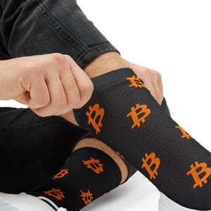 Bitcoin Patterned Crew Socks, Black Crypto Token Socks