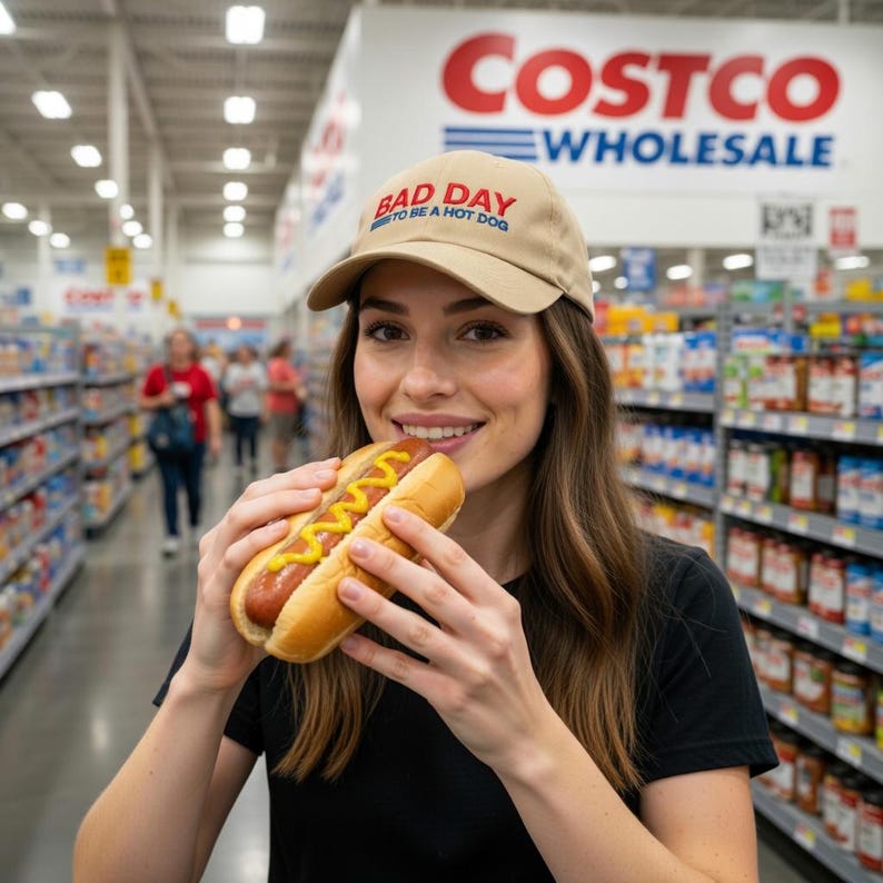 ホットドッグパパになるには最悪な日 刺繍入り帽子、面白いコストコミームベースボールキャップ Khaki