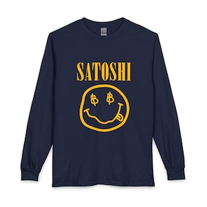 May include: Navy blue long-sleeve shirt with the word "SATOSHI" in yellow, above a yellow smiley face with dollar signs for eyes and a sticking-out tongue.