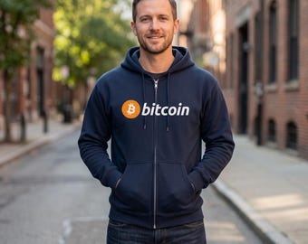 Bitcoin Zip Hoodie, BTC Crypto Jacket, Cryptocurrency Zip Up Sweatshirt, Blockchain Apparel Gift