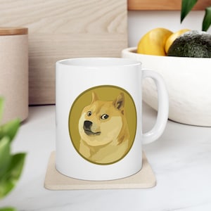 Doge Meme Coffee Mug, White Dogecoin Mug, Meme Token Coffee Cup, Funny DOGE Memecoin Mug, Shiba Inu Doge Gift for Crypto Lovers