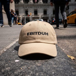 May include: A tan baseball cap with a structured crown and a curved brim. The front of the cap features the text "EBITDUH" embroidered in black thread. The cap has a button on the top center and visible stitching along the brim and panels.