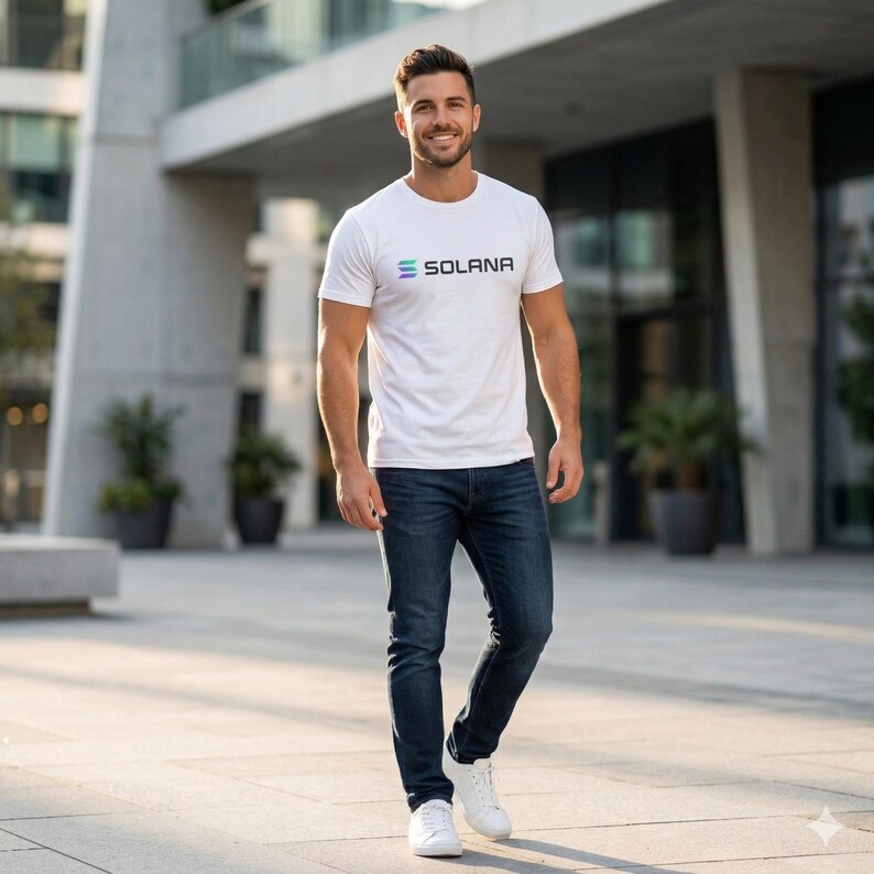 May include: White crew neck t-shirt with the word "SOLANA" printed in a gradient blue and green color. The shirt is paired with dark blue jeans and white sneakers. The person is walking outside in front of a modern building.