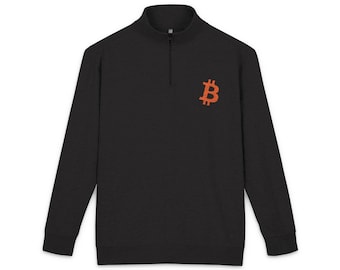Bitcoin Logo Fleece Quarter Zip - Embroidered BTC Pullover, Crypto Quarter-Zip Sweatshirt, Cryptocurrency Gift, Blockchain Apparel