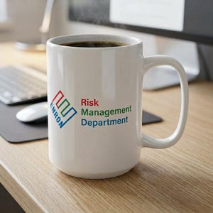 May include: A white ceramic mug filled with dark coffee, with steam rising from the top. The mug has a large handle and features the text "Risk Management Department" and the Enron logo in red, green, and blue.