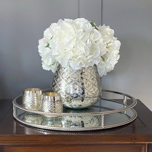 White Hydrangeas arrangement artificial faux centrepiece. Silk flowers with optional silver vase. Spring flowers gift home decor Best friend