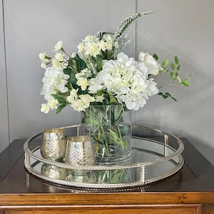 Artificial White Hydrangeas and Faux Roses centerpiece arrangement in a glass vase. Realistic flowers birthday gift home decor, free postage