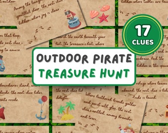 May include: A set of 17 clue cards for an outdoor pirate treasure hunt. The cards are printed on parchment paper with a brown background and feature illustrations of pirates, treasure chests, and other pirate-themed imagery. The text on the cards is written in a whimsical font and includes clues for finding the treasure.