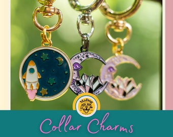 Space Dog Collar Charm: Moon, Rocket, Mushroom Pet Pendant
