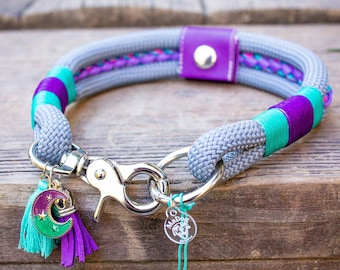 Collar de cuerda para perro hecho a mano: Paracord trenzado, morado y azul