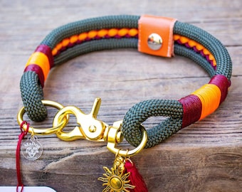 Collar para perro de cuerda trenzada hecho a mano: Verde, naranja y granate. Equipo para actividades al aire libre.