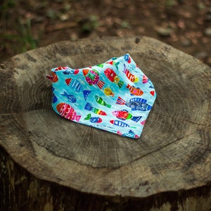 Blue Fish Dog Bandana: Handmade Cotton Tie-On Pet Scarf