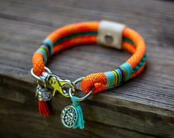Collar para perro de cuerda naranja hecho a mano: Paracord trenzado verde azulado. Equipo para actividades al aire libre.