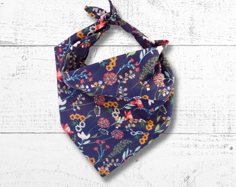 Dog Bandana Navy Floral | Handmade Dog Bandana | Made In The USA | Gift For Pets | Tie On Double Sided Bandanna | Puppy Neckwear | Bandana