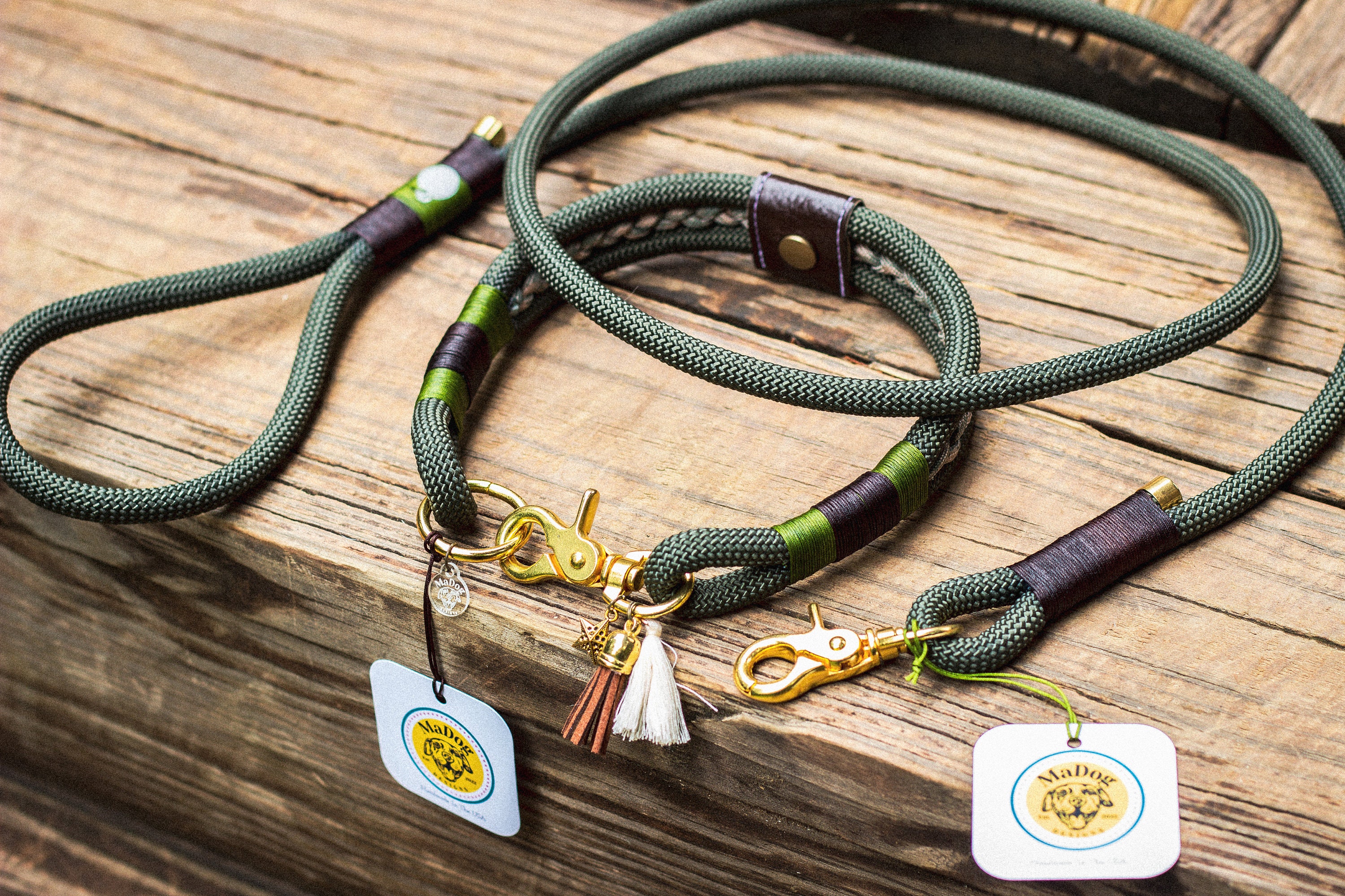 Conjunto de coleira e trela de corda marrom verde para cachorro | Coleira e trela para cachorro feitas à mão | Coleira para cachorro | Coleira e trela de corda | Equipamento para cães ao ar livre | Conjunto de coleira militar