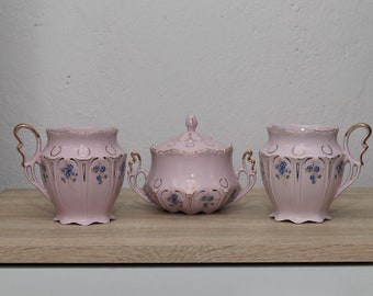 Pink porcelain tea set for two, Porcelain mugs and sugar bowl, H&C Czech pink china, Rosa Porzellan, Vintage tea cup, Collectible pink mugs