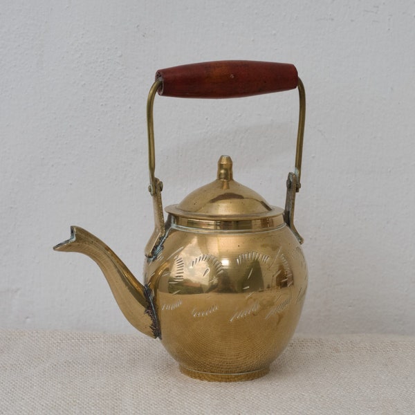 Vintage brass teapot, Small India ornamental kettle, Decorative brass kettle, Teapot with wood handle, Etched brass decoration