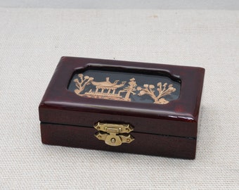 Vintage Chinese lacquered trinket box, Asian jewelry box with cork diorama, Hand carved cork art, Cork decor, Cork carving, 3D cork diorama