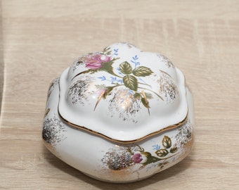 Floral china trinket box with lid, Gilded porcelain trinket, Vintage jewelry box, Keepsake box, Floral ring box, Hexagon floral trinket box