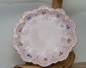 Pink porcelain floral dessert plate, H&C Czech pink china, Collectible Slav pink porcelain, Czechoslovak china