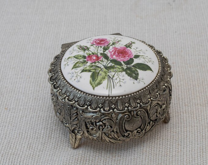 Vintage Silver Plated Floral Roses Jewelry Box, Footed Ornate Metal Trinket Box, Jewelry Ring