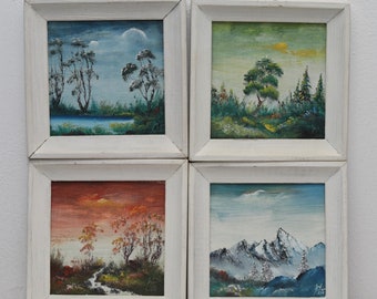 Vintage four seasons paintings framed and signed, Hand painted landscape, Small wall hanging set of four, Hand painted wall decoration