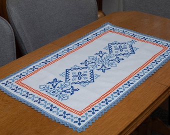 Vintage cross stitch tablecloth, Hand embroidered tablecloth, Rustic table cover, Dinner table centerpiece, Rectangular table topper