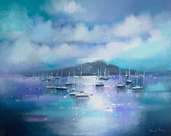 May include: A painting of a seascape with a purple and blue sky and a line of sailboats in the water. The sailboats are white and are anchored in the water. The sky is cloudy and the water is calm.