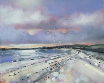 May include: An abstract landscape painting featuring a beach scene under a cloudy sky. The artwork uses a palette of blues, purples, and pinks to depict the sky and water. White birds are flying above the horizon. Signed by Emma J. Davis.