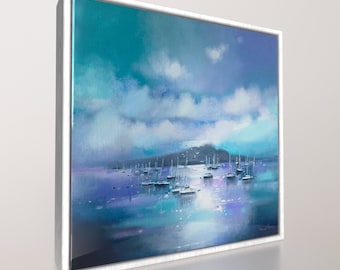 May include: A painting of a seascape with a teal and purple sky, white clouds, and a small island in the distance.  There are many white sailboats anchored in the water, with reflections of the boats on the water's surface.