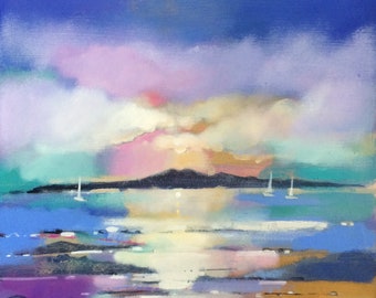 May include: A painting of a seascape with a pink and purple sky, a dark island in the distance, and two white sailboats on the water.