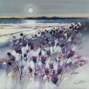 Isola di Arran / Scozia / Cardo / Fiore di Scozia / Biglietto d'auguri con cornice artistica / Artista paesaggista scozzese / Arte murale / Economico