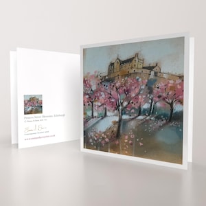 Castello di Edimburgo / Princes Street Blossoms / Biglietto di auguri / Biglietto di auguri artistico / Scozia / Biglietto d'arte originale / Biglietto con messaggio vuoto