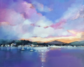 May include: A painting of a seascape with a purple sky and a line of sailboats in the distance. The water is a deep blue and the sky is filled with fluffy white clouds.