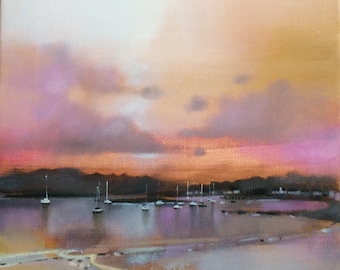 May include: A painting of a seascape at sunset with a pink and orange sky. The water is calm and reflects the colors of the sky. There are several sailboats in the distance.