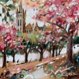 Glasgow University in primavera / Scozia / Biglietto d'auguri con cornice artistica / Artista di paesaggi marini scozzesi / Arte murale / Fatto a mano / Economico