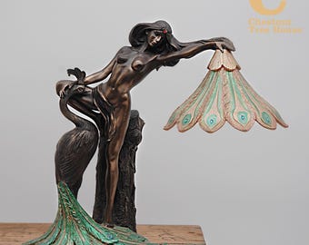 French Art Nouveau Gold and Bronze Lady And Peacock Table Lamp with shade