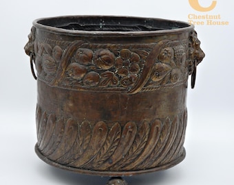 Antique Arts & Crafts Brass Log Bin Planter Rams Head Handles Claw Ball Feet Baroque XL