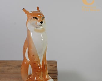 Vintage Lomonosov USSR Lynx Cat Bobcat Porcelain Figurine Statue