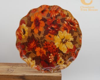 XL Vintage FAB Floral Fabric Serving Tray Retro and Plastic Orange Brown Flower 44cm