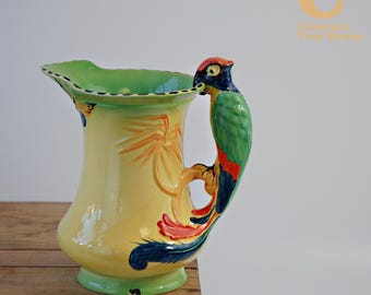 Burleigh Ware 1930s Green and Blue Parrot Handled Yellow Jug No 4862