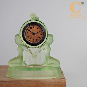 Art Deco figural glass clock by Auguste Walther & Söhne "Windsor" Uranium Glass Mantel Clock