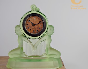 Art Deco figural glass clock by Auguste Walther & Söhne "Windsor" Uranium Glass Mantel Clock