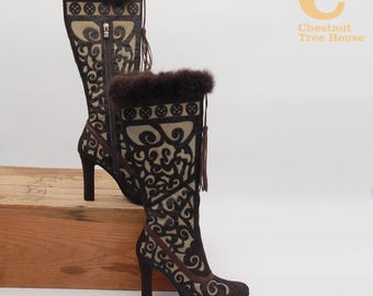 Y2K Rabbit Cochni Fur Brown Baroque Tall Dress Boots for Women - Coffee Size uk 3.5 eu 36