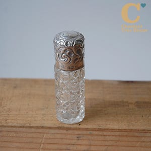 Antique Edwardian Hobnail Cut Glass Scent Bottle with Engraved Silver Screw Top Lid Full Hallmarks for Birmingham 1900s
